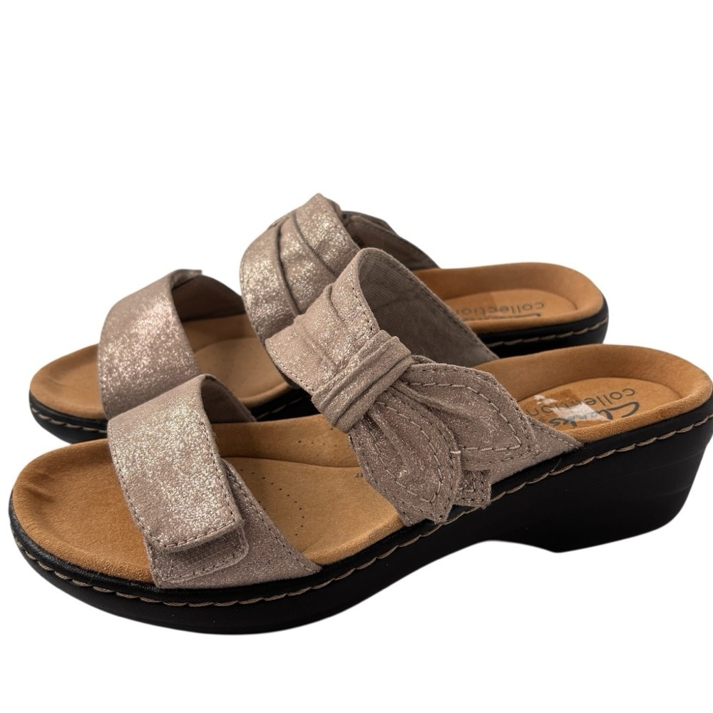 Clarks Merliah Charm Comfort Sandals Taupe Metallic Slides Size 6.5 Adjustable